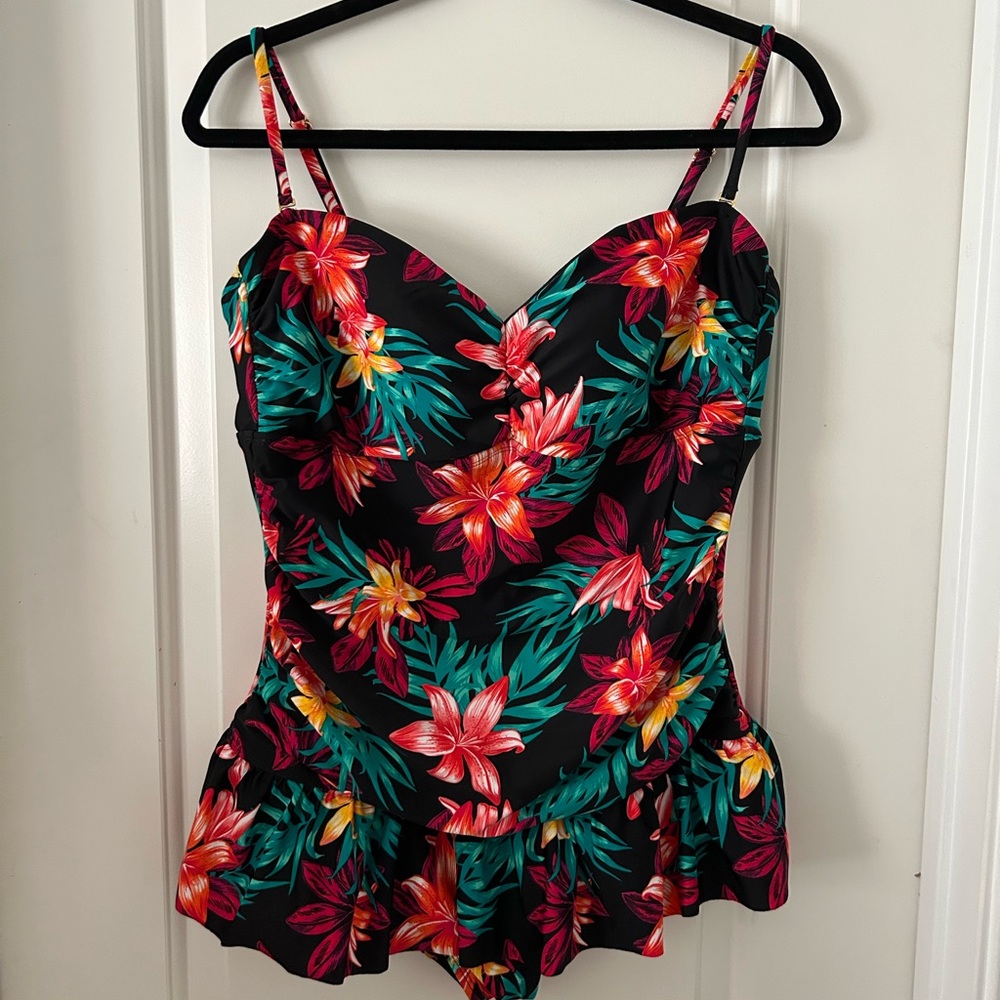 Tropical Escape Black One-Piece Swimsuit with Pink, Red and Yellow Floral Print